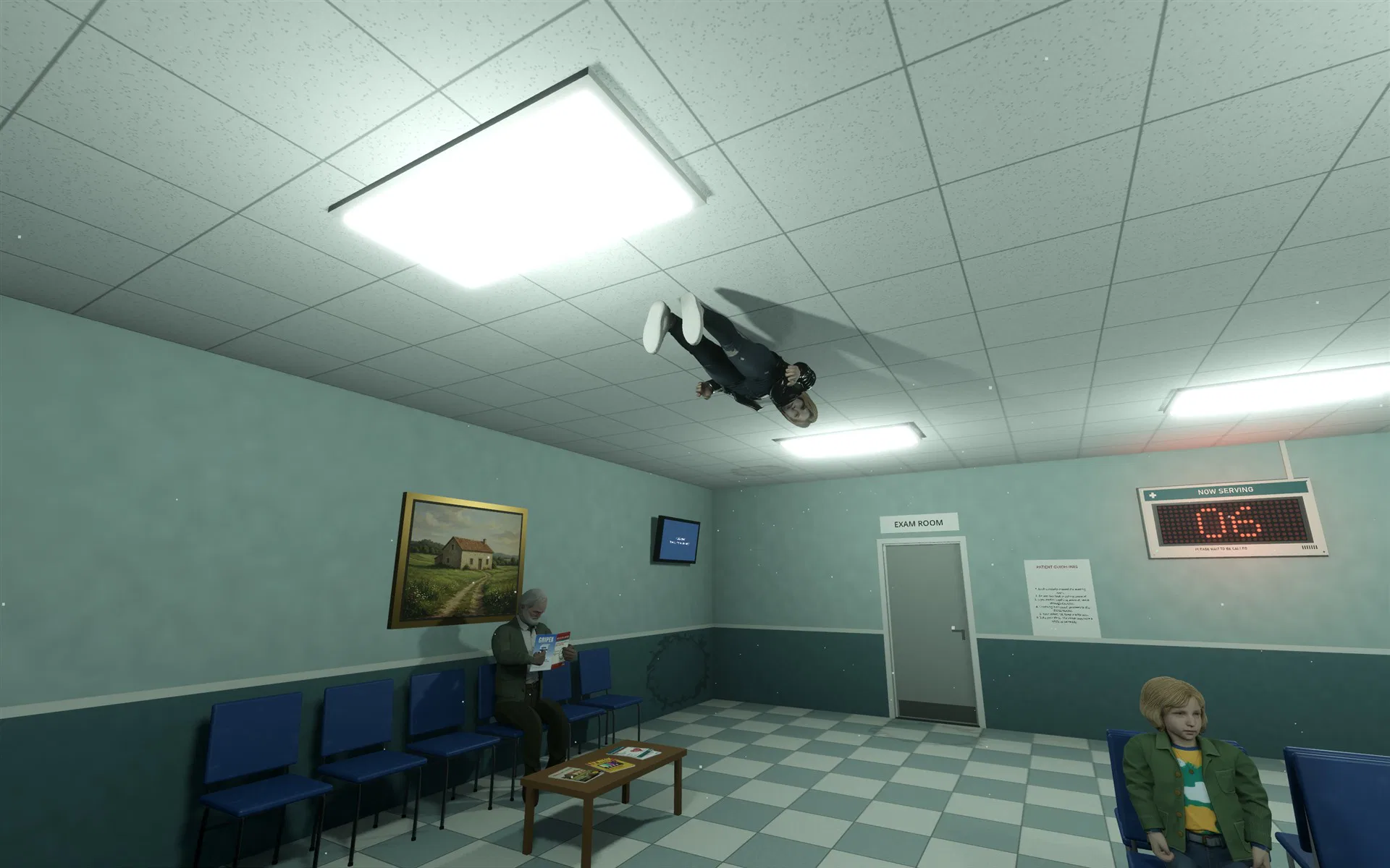 A figure on the ceiling of the waiting room