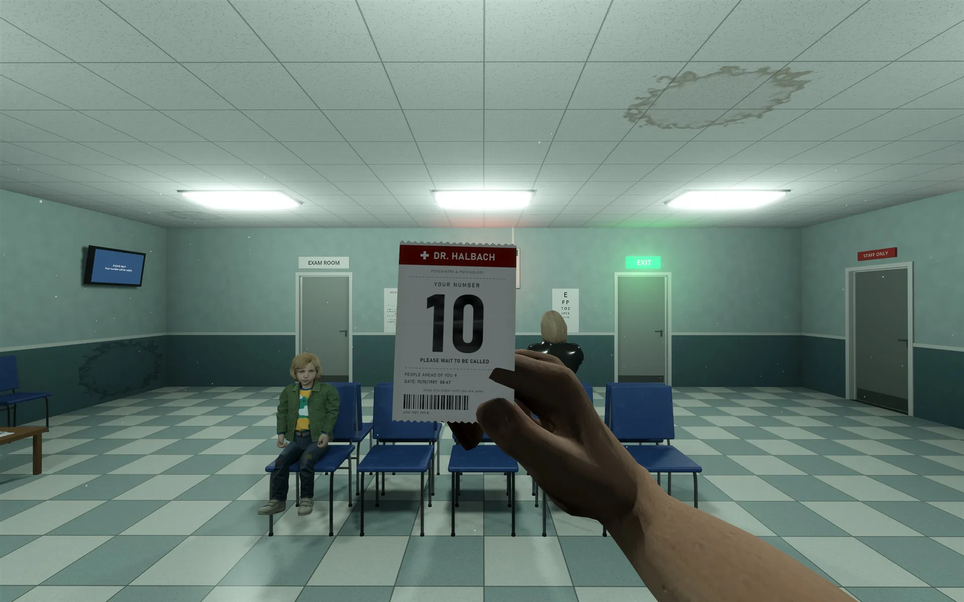 First-person view of a hospital waiting room, holding a ticket with the number 10